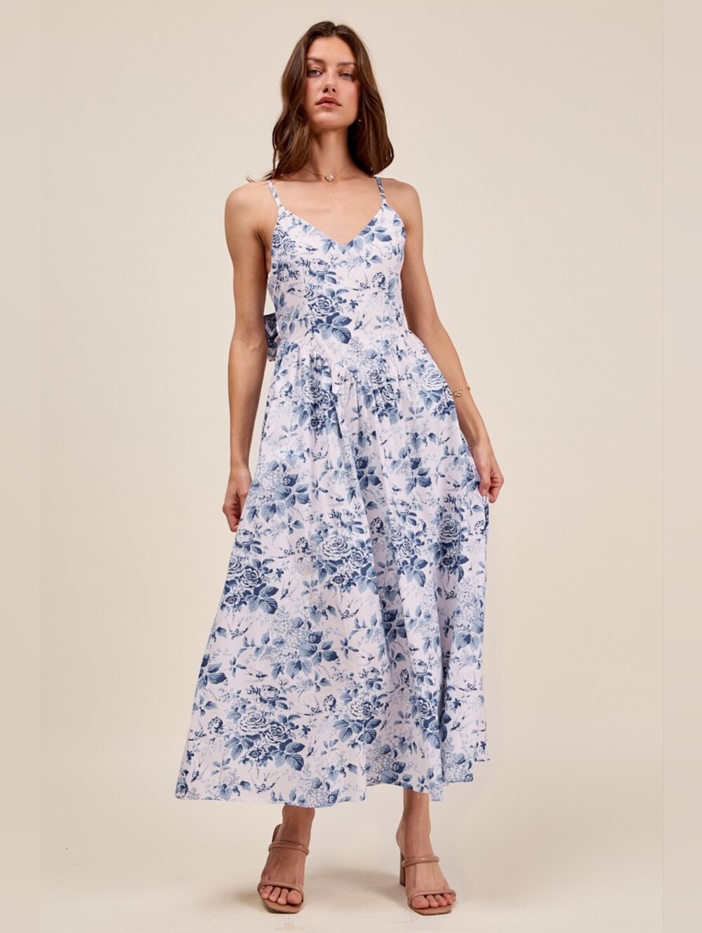 SO ME Floral Woven V Neck Dress With Back Ribbon Tie- New Arrival!!
